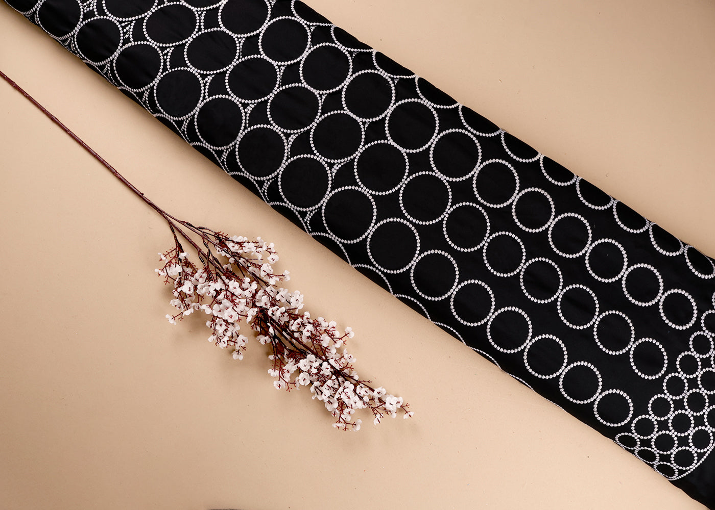Black Banana Crepe Fabric With All Over Thread And Cutwork With One Side Border 16553