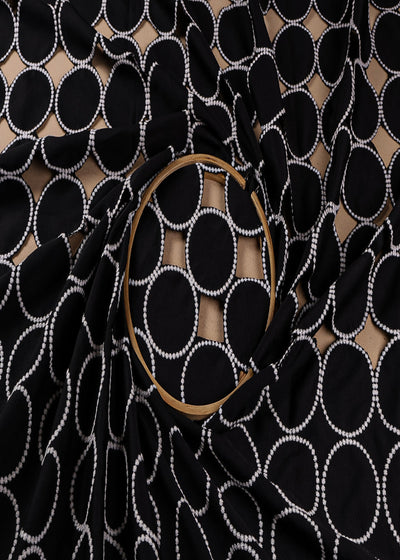 Black Banana Crepe Fabric With All Over Thread And Cutwork With One Side Border 16553