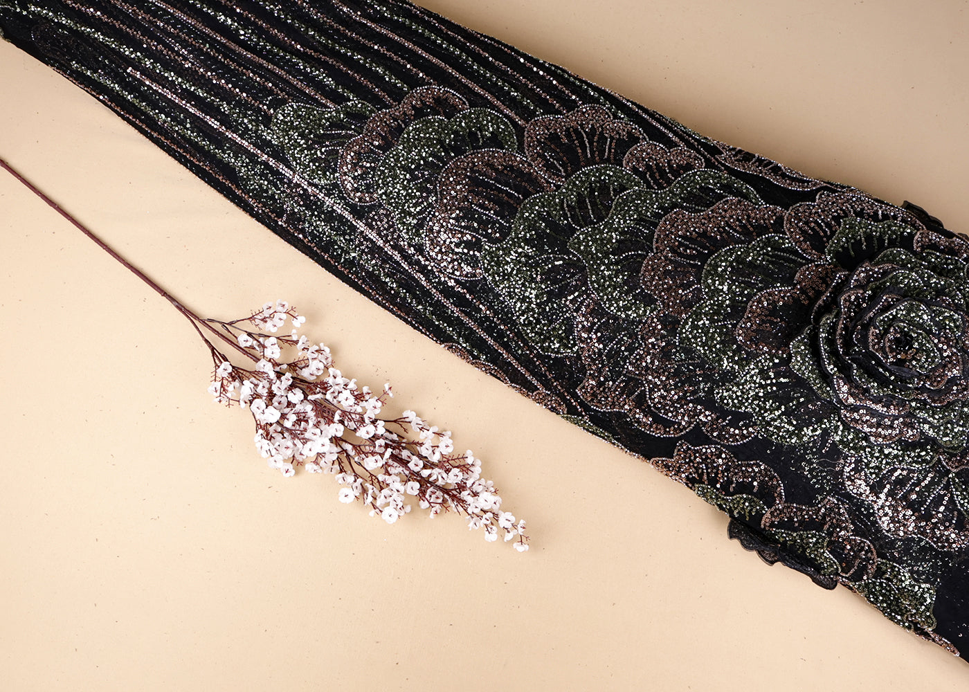 Black Imported Net Fabric With All Over Bead And Sequins And One Side Applique Work Border 16557