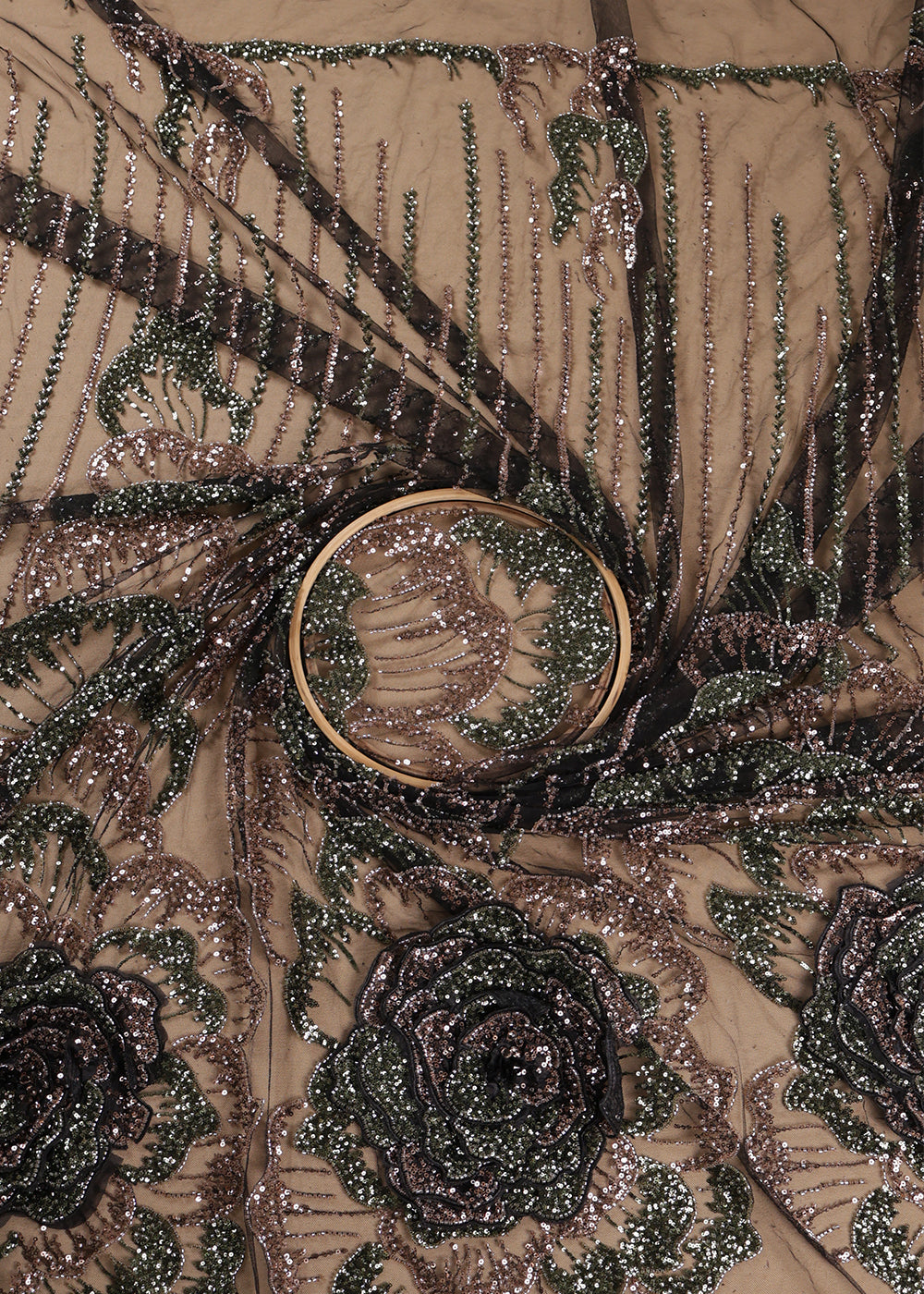 Black Imported Net Fabric With All Over Bead And Sequins And One Side Applique Work Border 16557