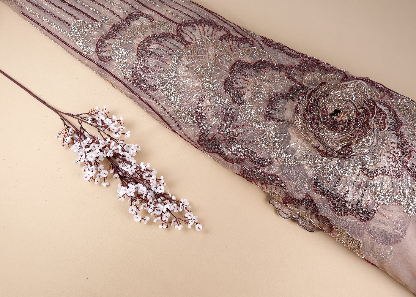Beige Imported Net Fabric With All Over Bead And Sequins And One Side Applique Work Border 16558