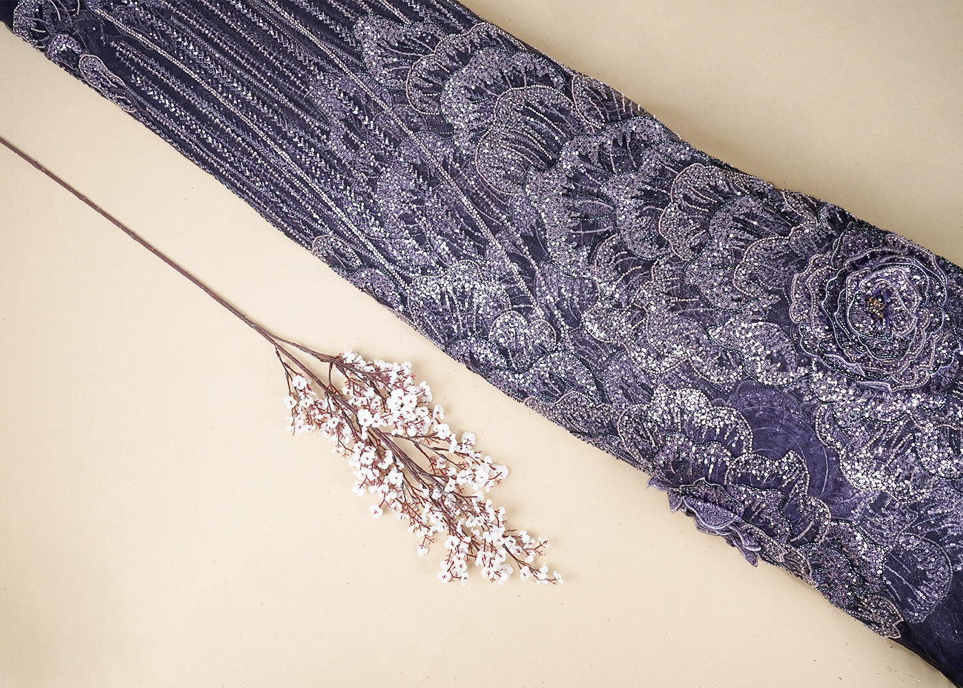 Deep Purple Imported Net Fabric With All Over Bead And Sequins And One Side Applique Work Border 16559