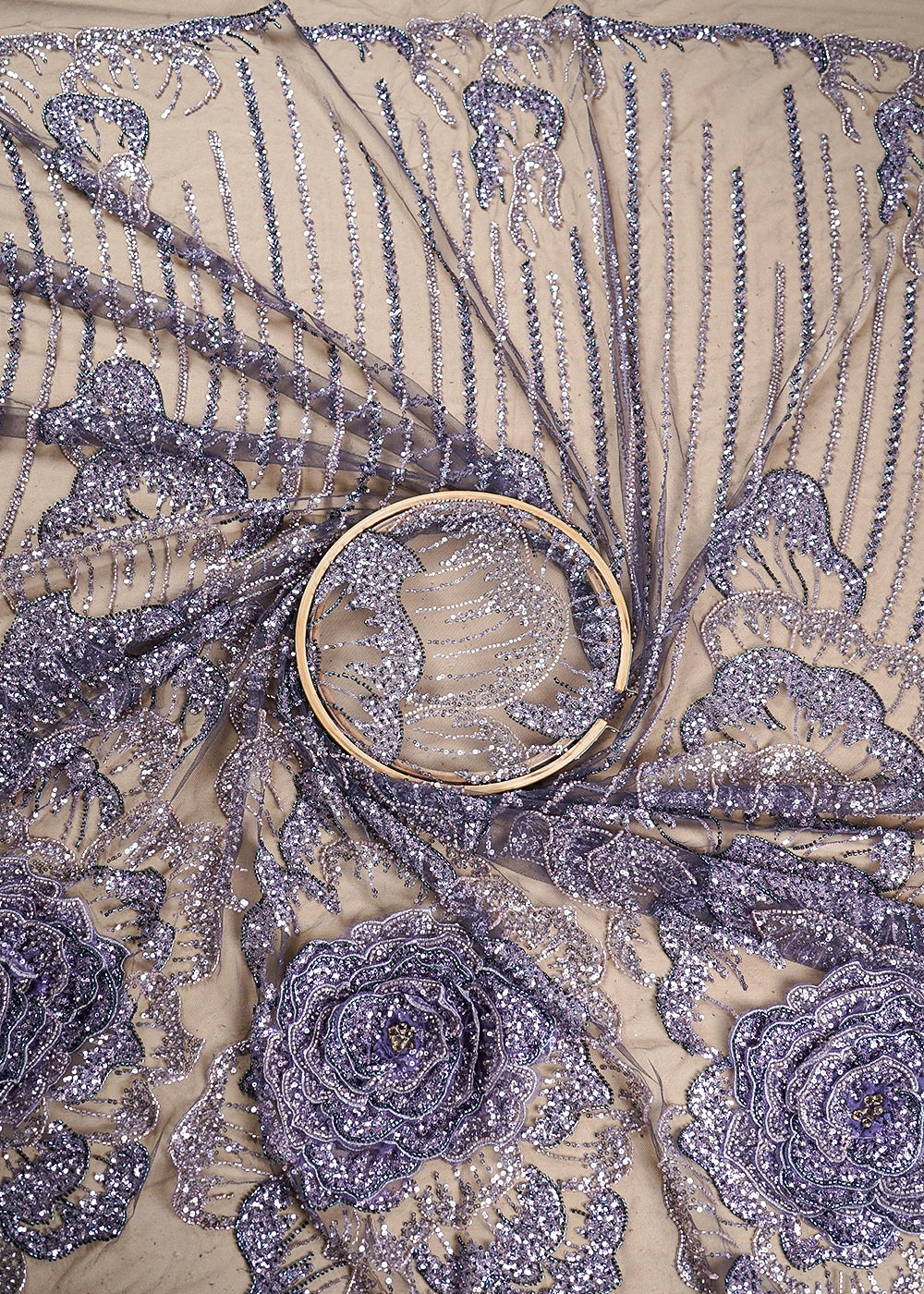 Deep Purple Imported Net Fabric With All Over Bead And Sequins And One Side Applique Work Border 16559