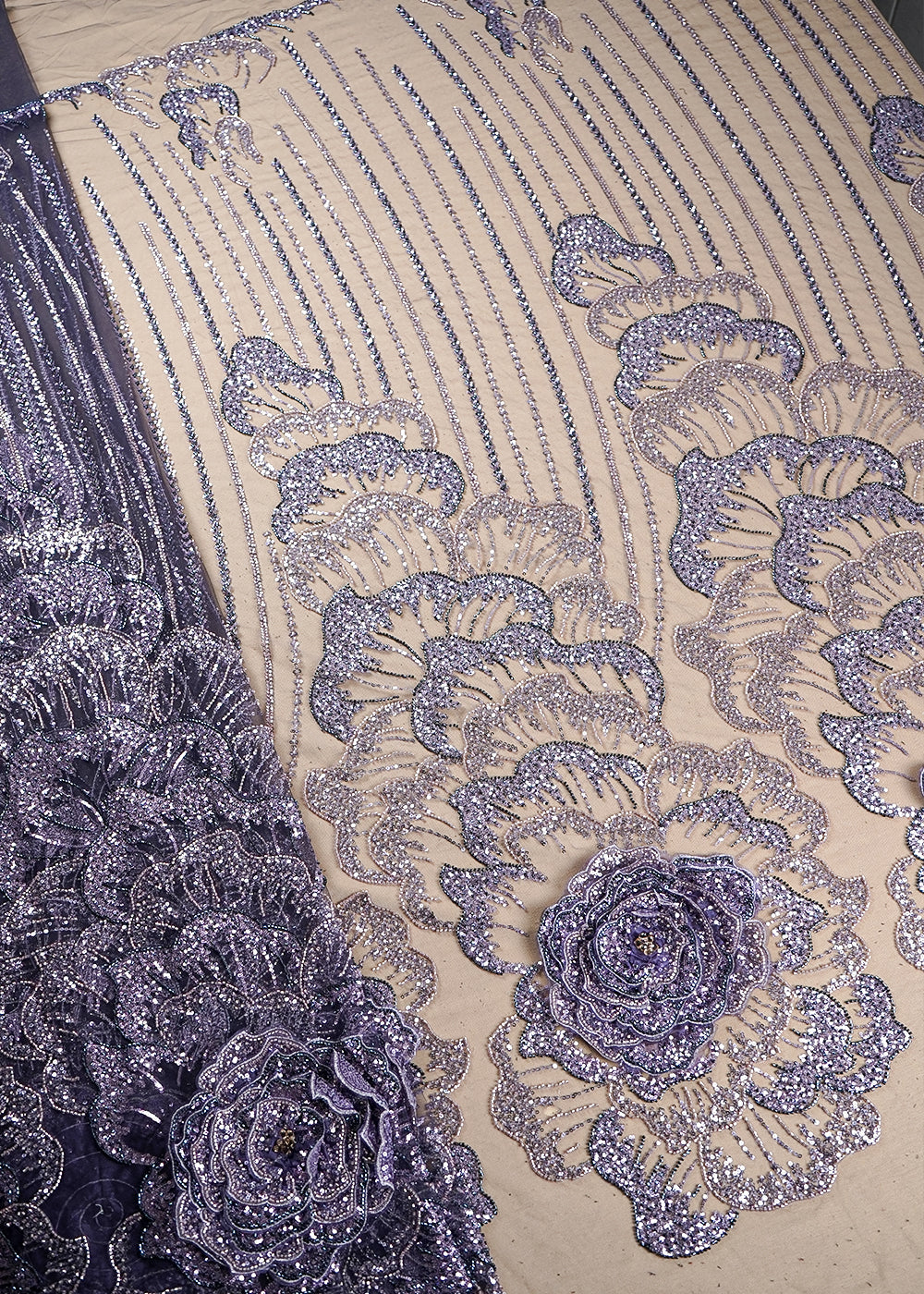 Deep Purple Imported Net Fabric With All Over Bead And Sequins And One Side Applique Work Border 16559