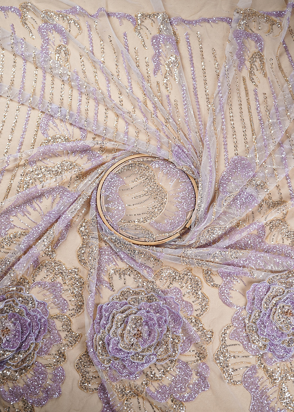 Cream Imported Net Fabric With All Over Bead And Sequins And One Side Applique Work Border 16560