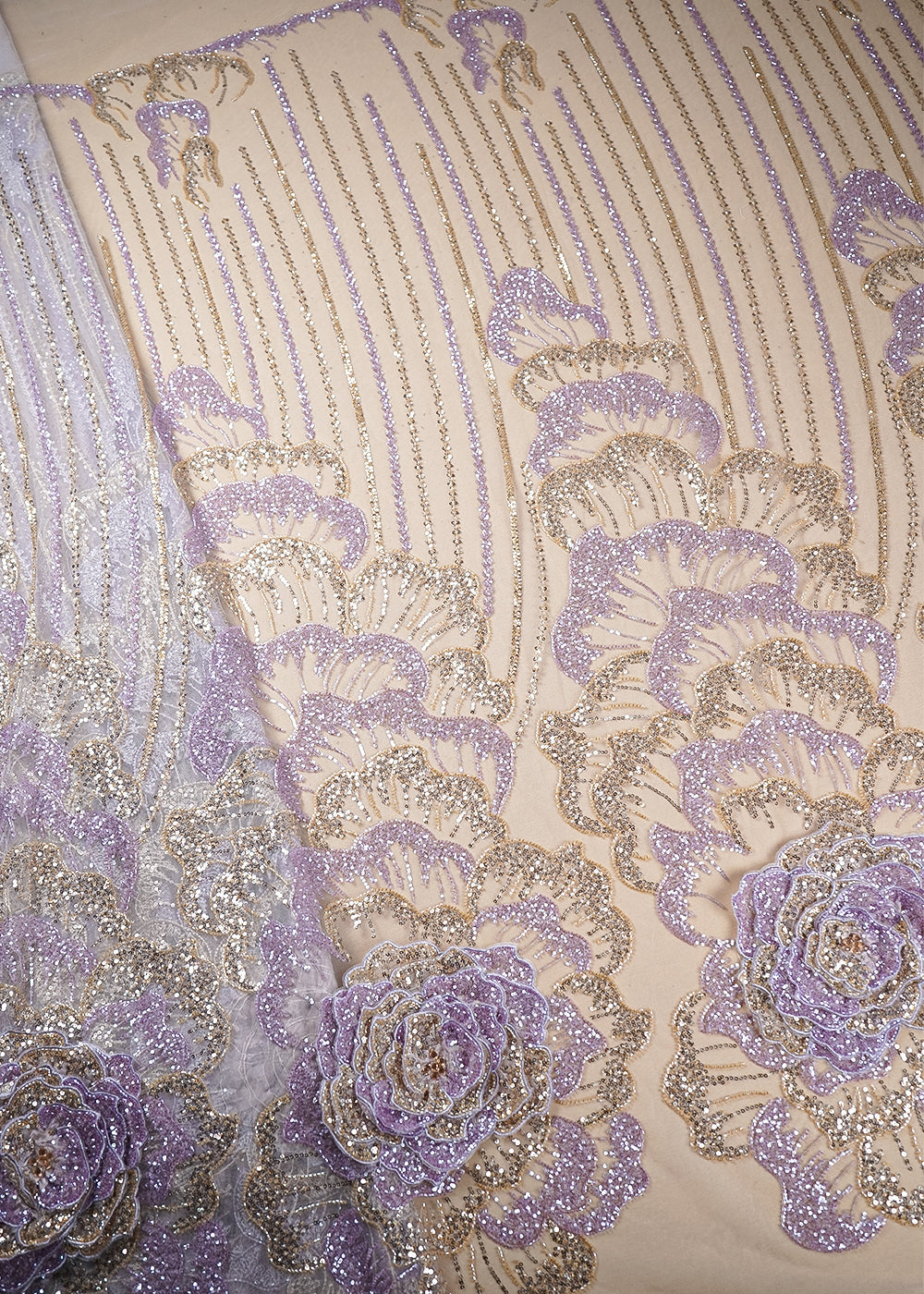 Cream Imported Net Fabric With All Over Bead And Sequins And One Side Applique Work Border 16560