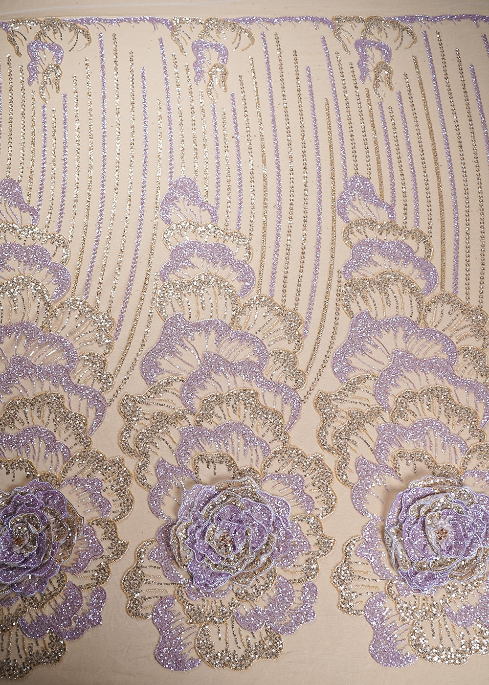 Cream Imported Net Fabric With All Over Bead And Sequins And One Side Applique Work Border 16560