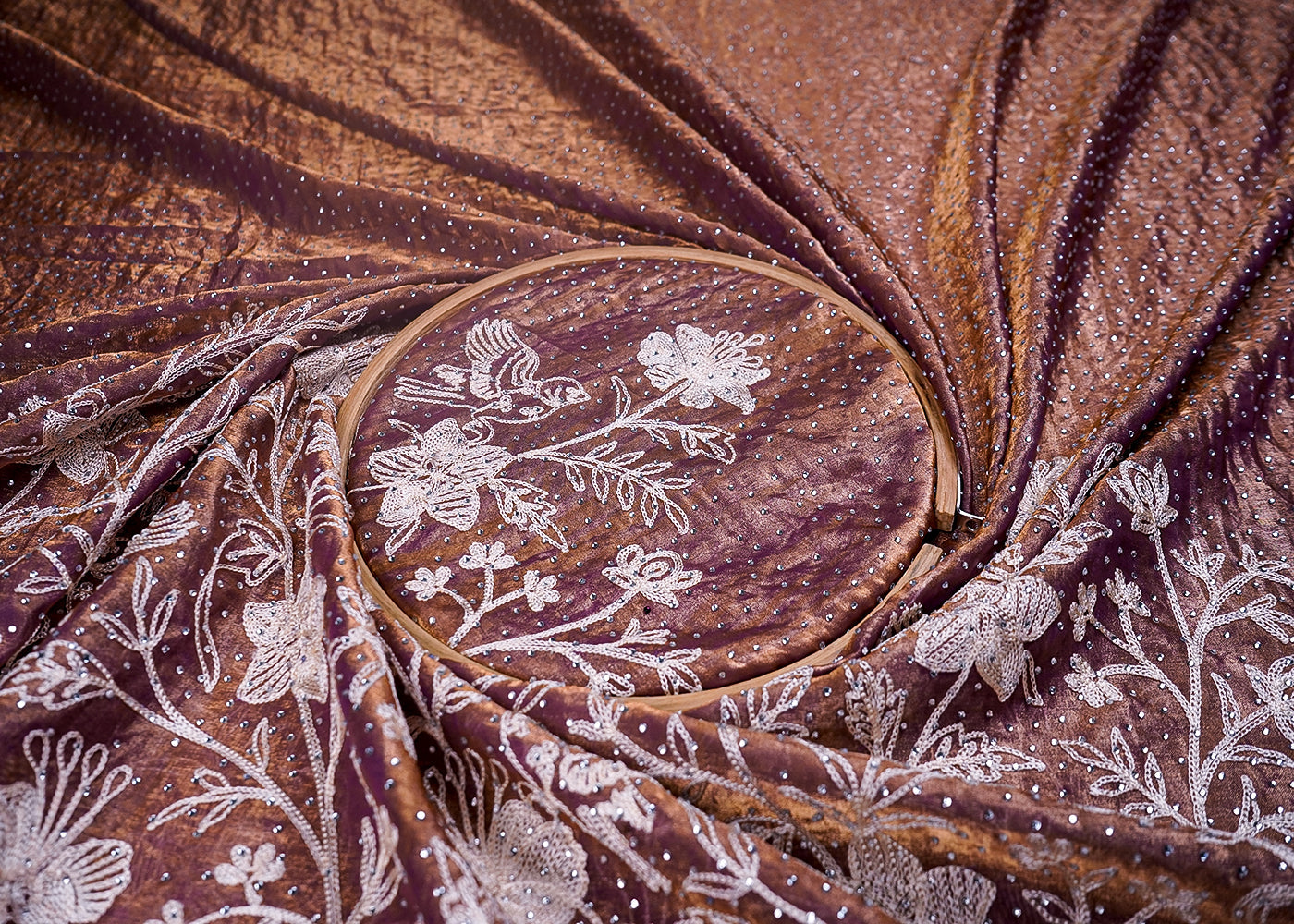 Purple Silk Tissue Fabric With All Over Swarovski Work With One Side Threadwork Border 16561