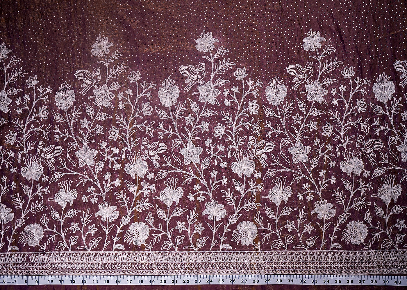 Purple Silk Tissue Fabric With All Over Swarovski Work With One Side Threadwork Border 16561