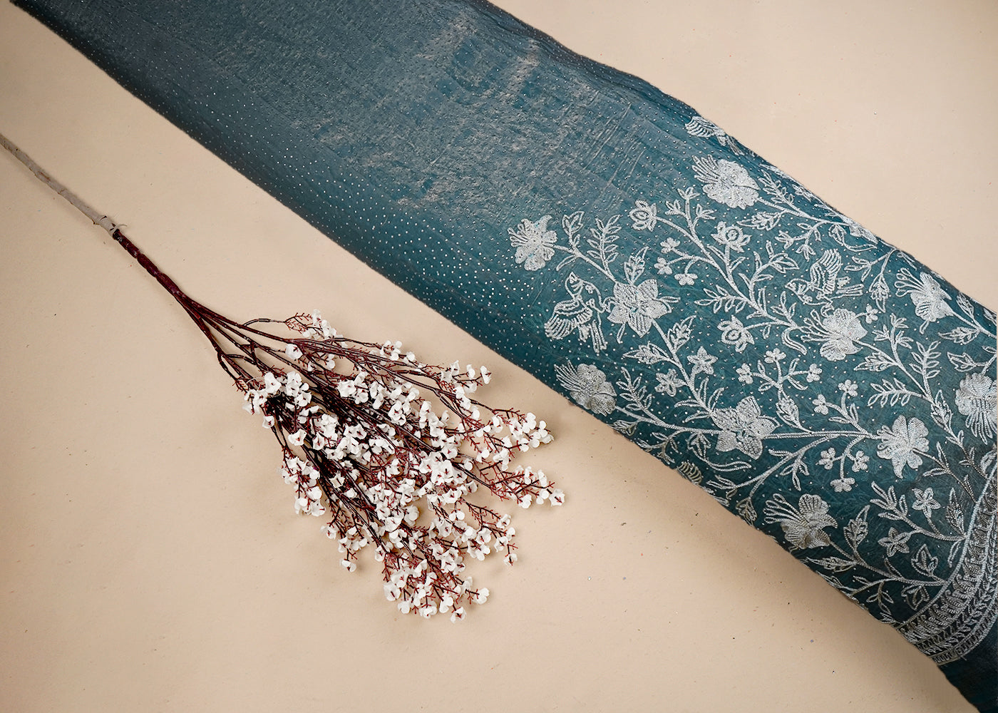 Teal Blue Silk Tissue Fabric With All Over Swarovski Work With One Side Threadwork Border 16562