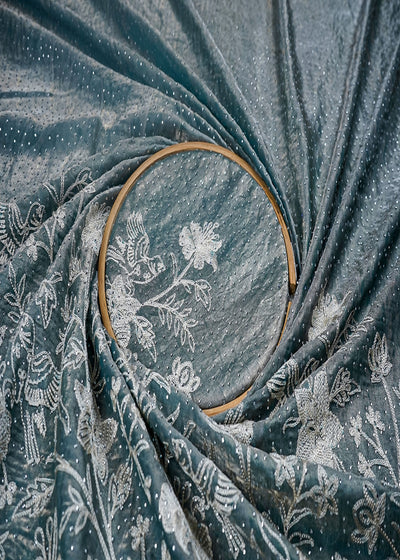 Teal Blue Silk Tissue Fabric With All Over Swarovski Work With One Side Threadwork Border 16562