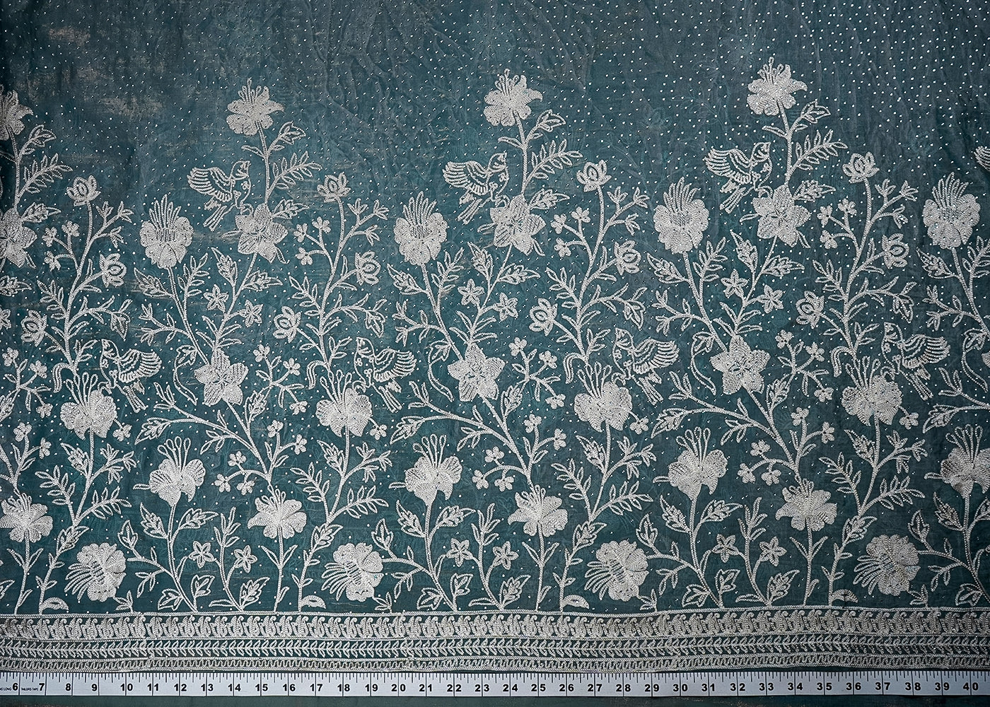 Teal Blue Silk Tissue Fabric With All Over Swarovski Work With One Side Threadwork Border 16562