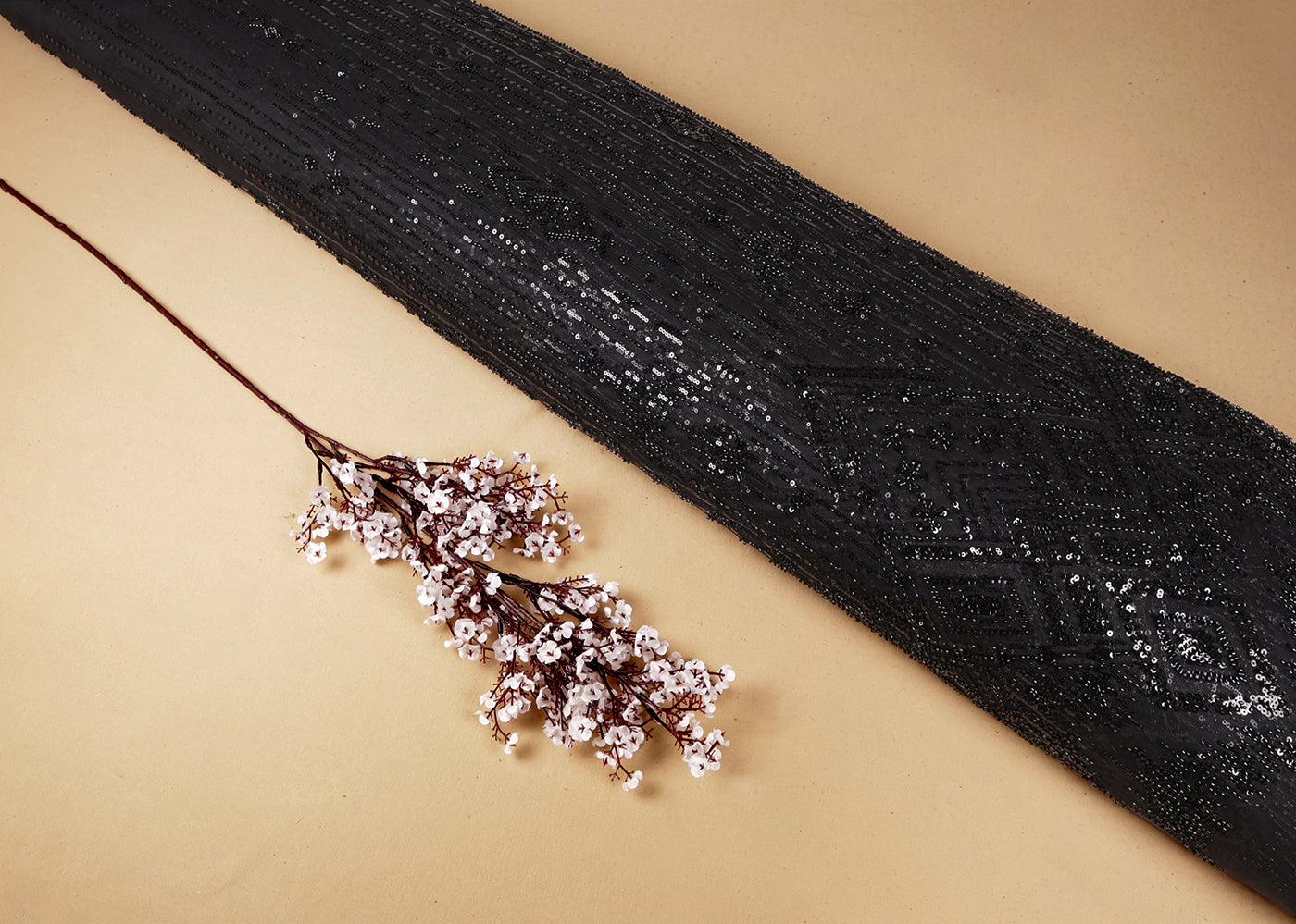 Black Imported Net Fabric With All Over Sequins And Bead Work With One Side Border 16590