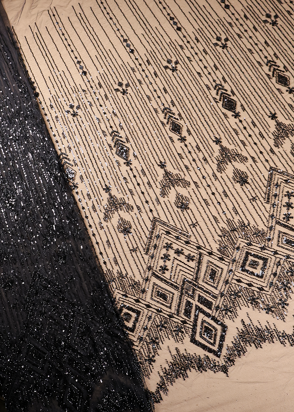 Black Imported Net Fabric With All Over Sequins And Bead Work With One Side Border 16590