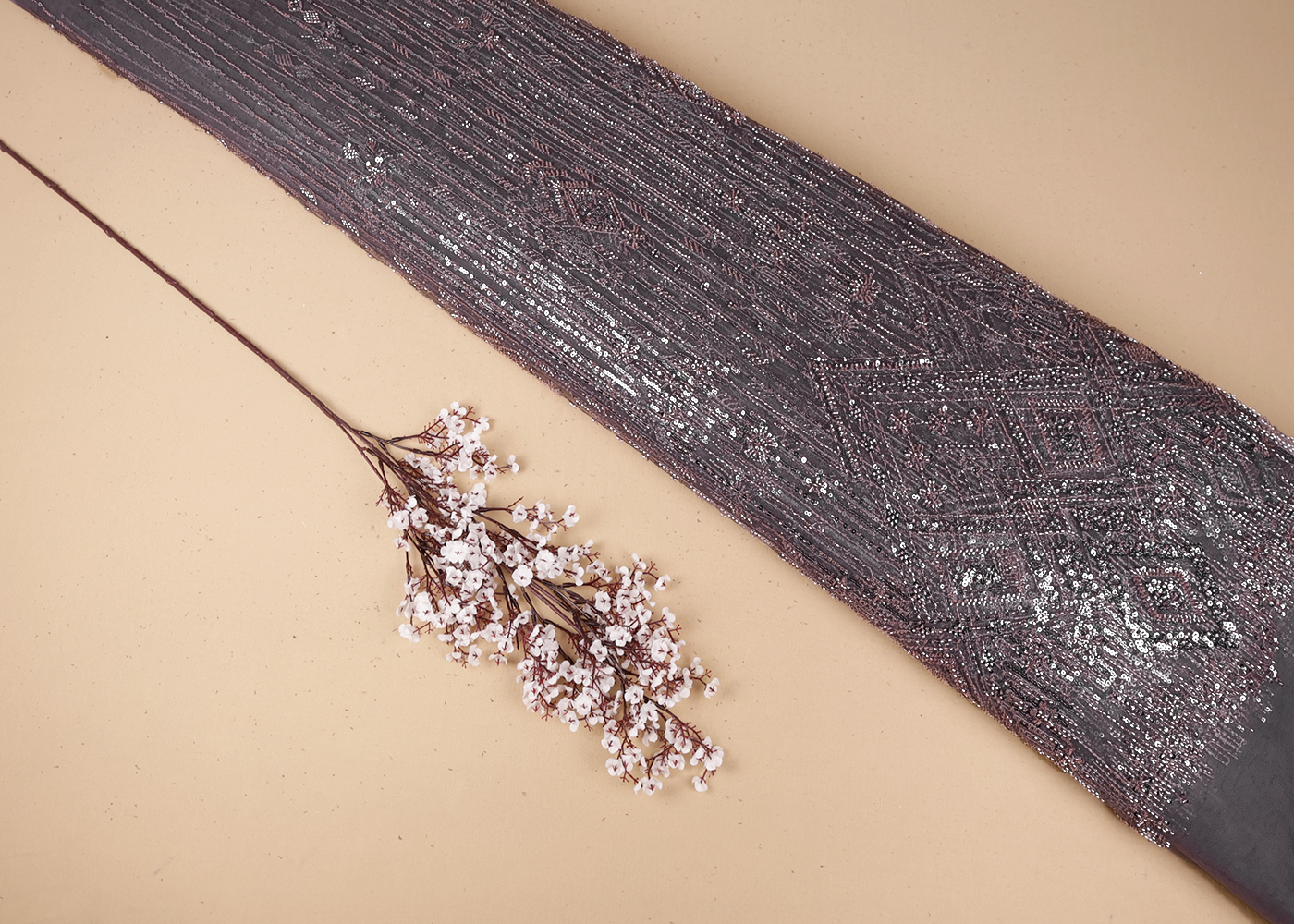 Purple Mauve Imported Net Fabric With All Over Sequins And Bead Work With One Side Border 16592