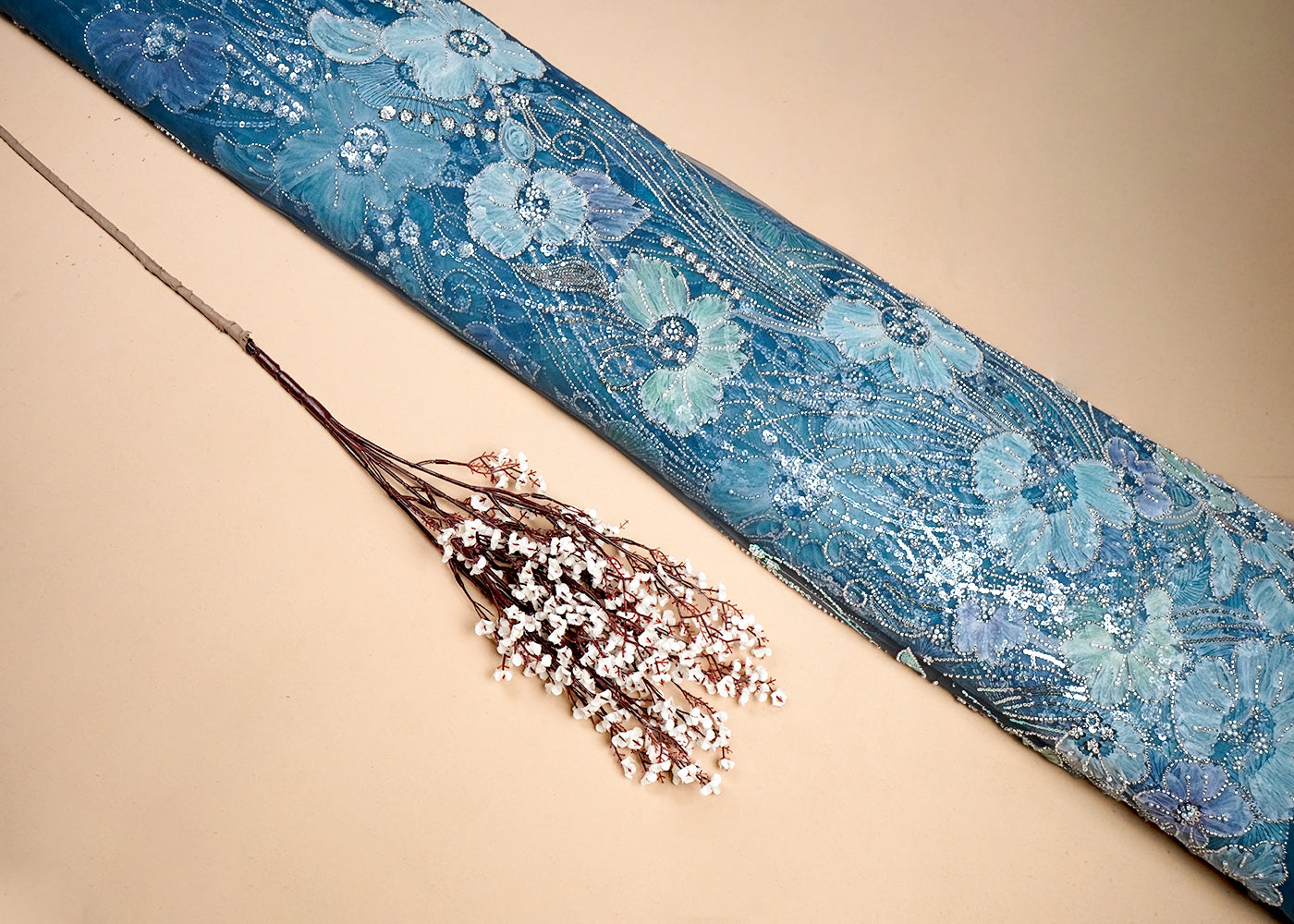 Blue Imported Net Fabric With All Over Applique Work With Bead And Sequins 16594