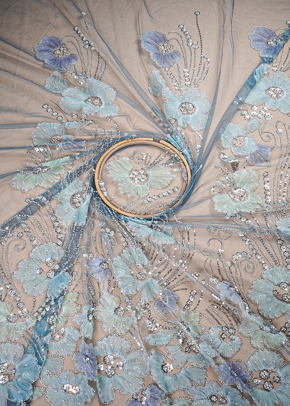 Blue Imported Net Fabric With All Over Applique Work With Bead And Sequins 16594