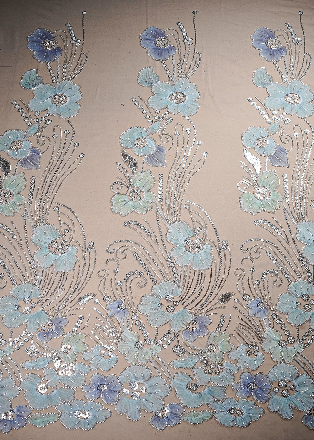Blue Imported Net Fabric With All Over Applique Work With Bead And Sequins 16594