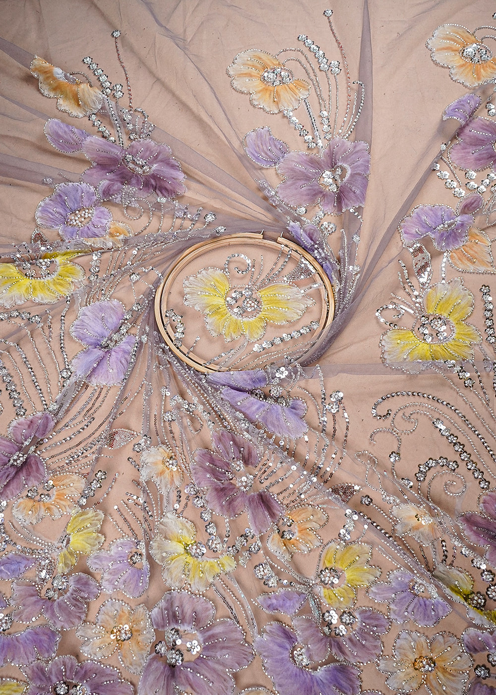 Onion Imported Net Fabric With All Over Applique Work With Bead And Sequins 16595