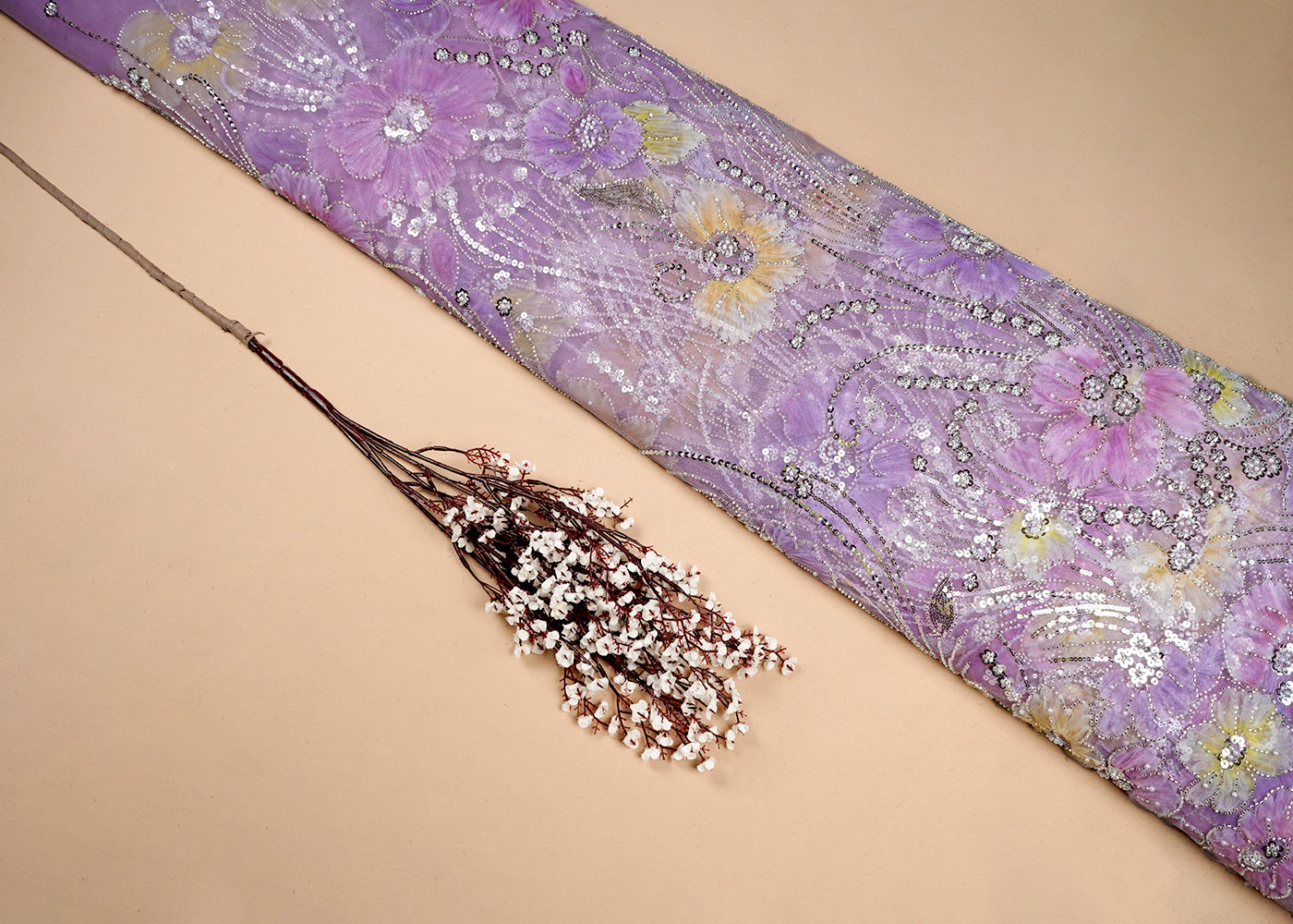 Coffee Imported Net Fabric With All Over Bead And Sequins Work 16597