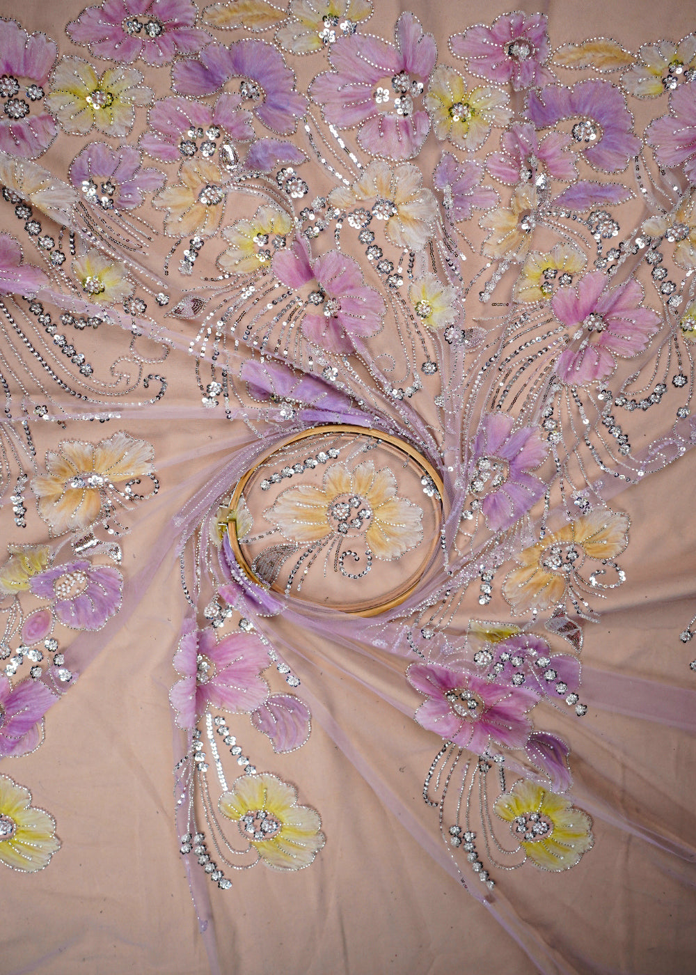 Coffee Imported Net Fabric With All Over Bead And Sequins Work 16597