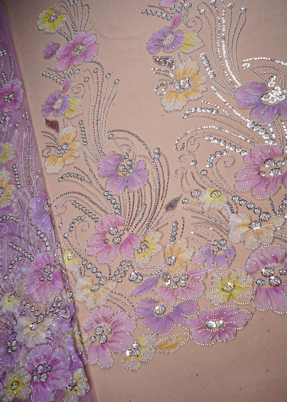 Pink Imported Net Fabric With All Over Applique Work With Bead And Sequins 16596