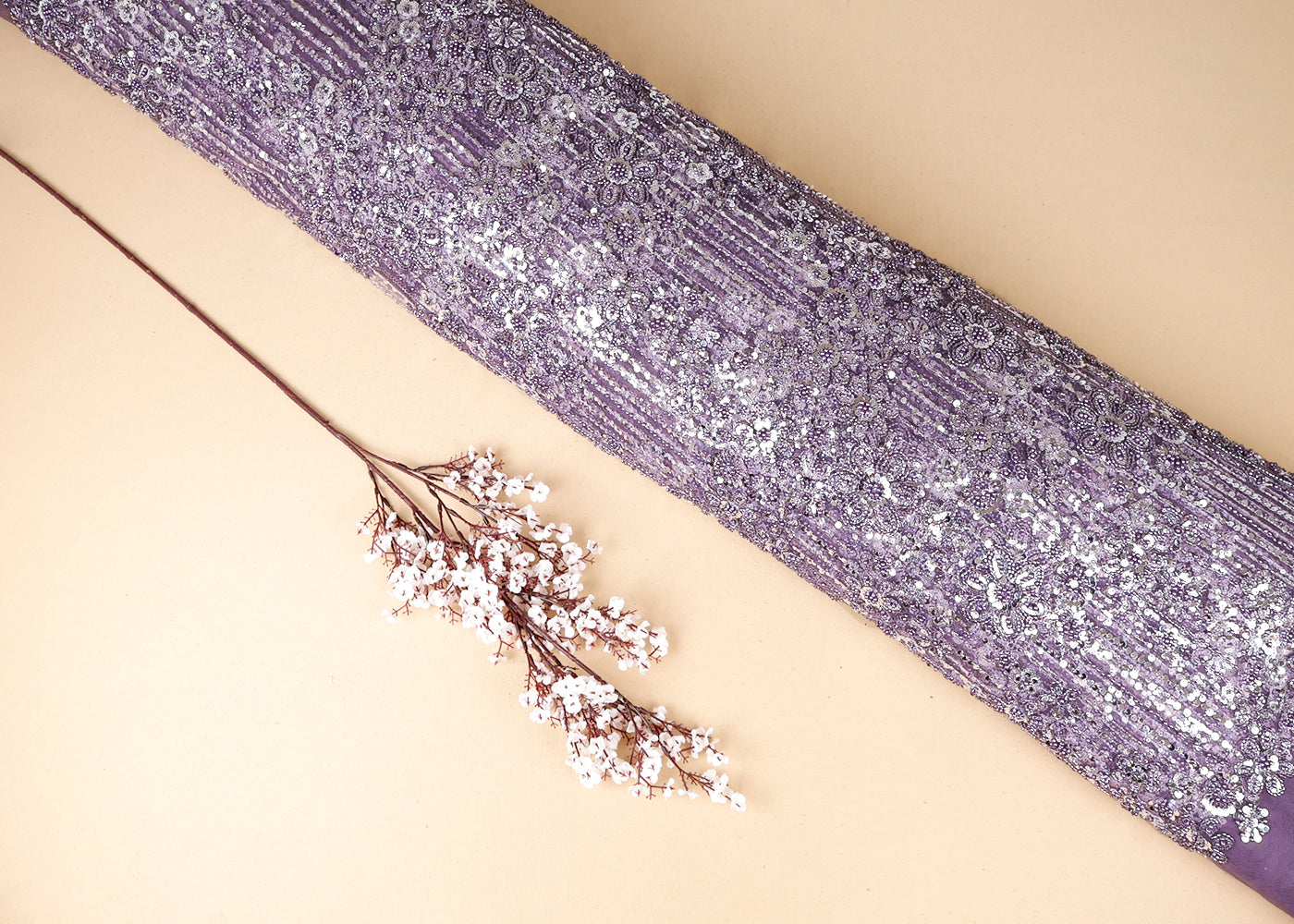 Purple Mauve Imported Net Fabric With All Over Bead And Sequins Work 16598