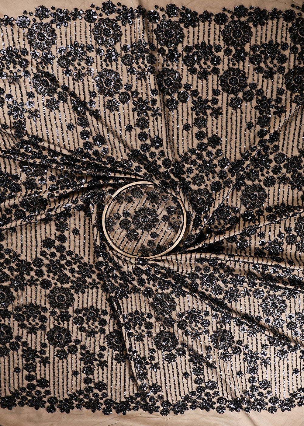 Black Imported Net Fabric With All Over Bead And Sequins Work 16599