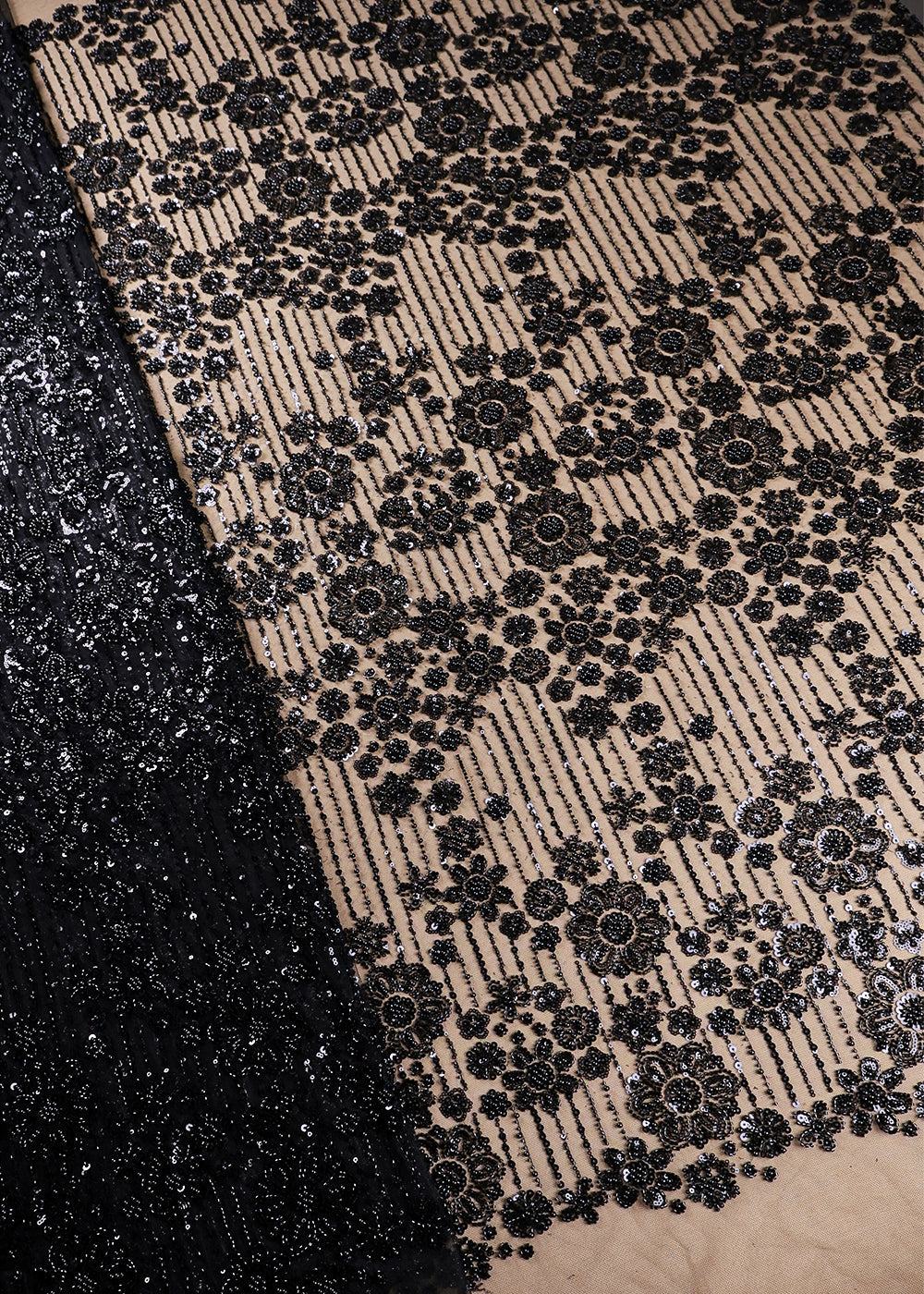 Black Imported Net Fabric With All Over Bead And Sequins Work 16599