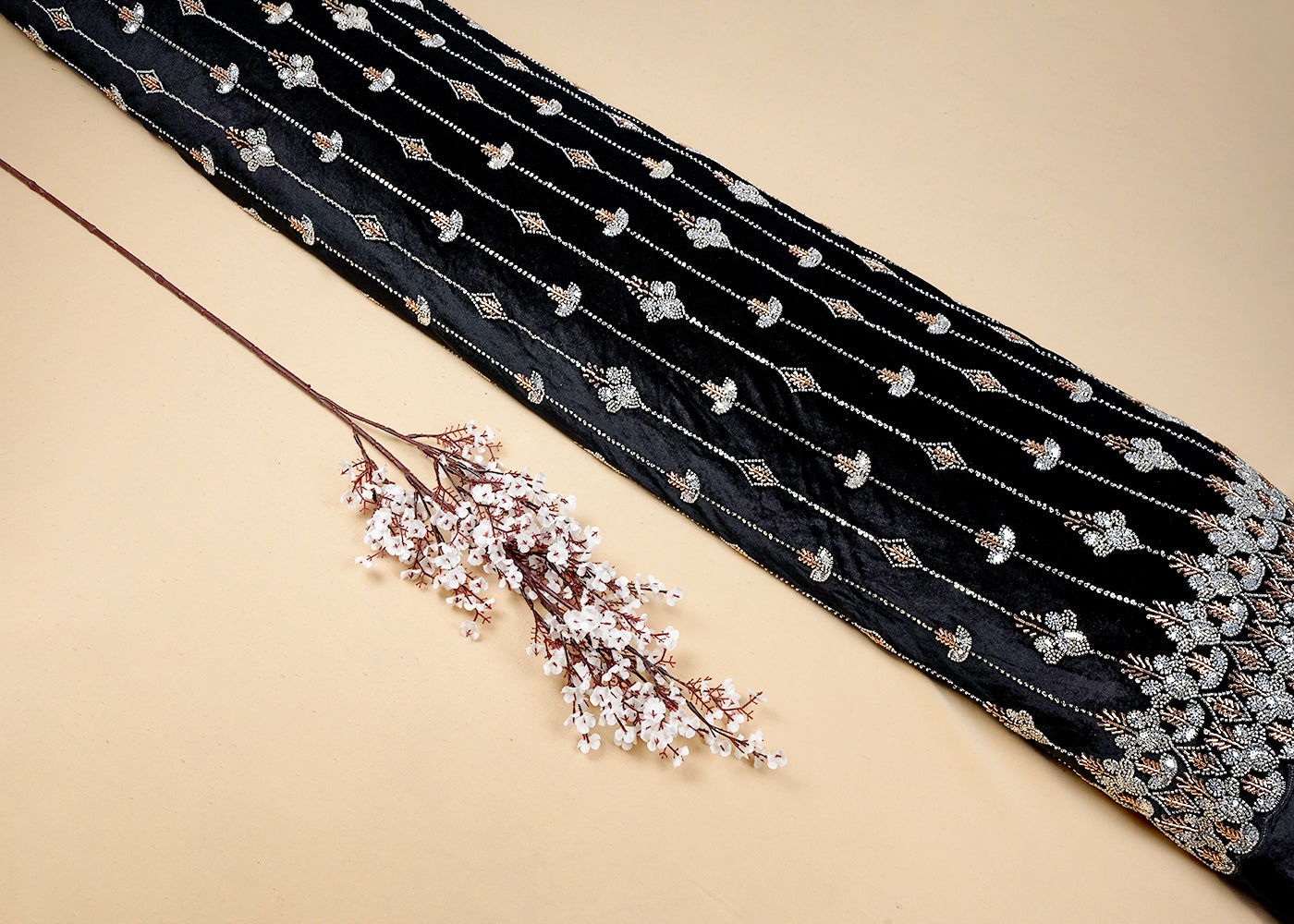 Black Velvet Fabric With All Over Katdana, Sequins And Bead Work With One Side Border 16600