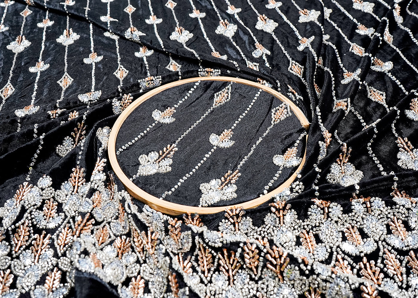 Black Velvet Fabric With All Over Katdana, Sequins And Bead Work With One Side Border 16600