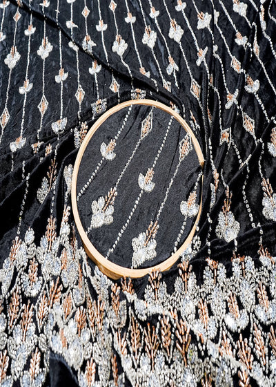 Black Velvet Fabric With All Over Katdana, Sequins And Bead Work With One Side Border 16600