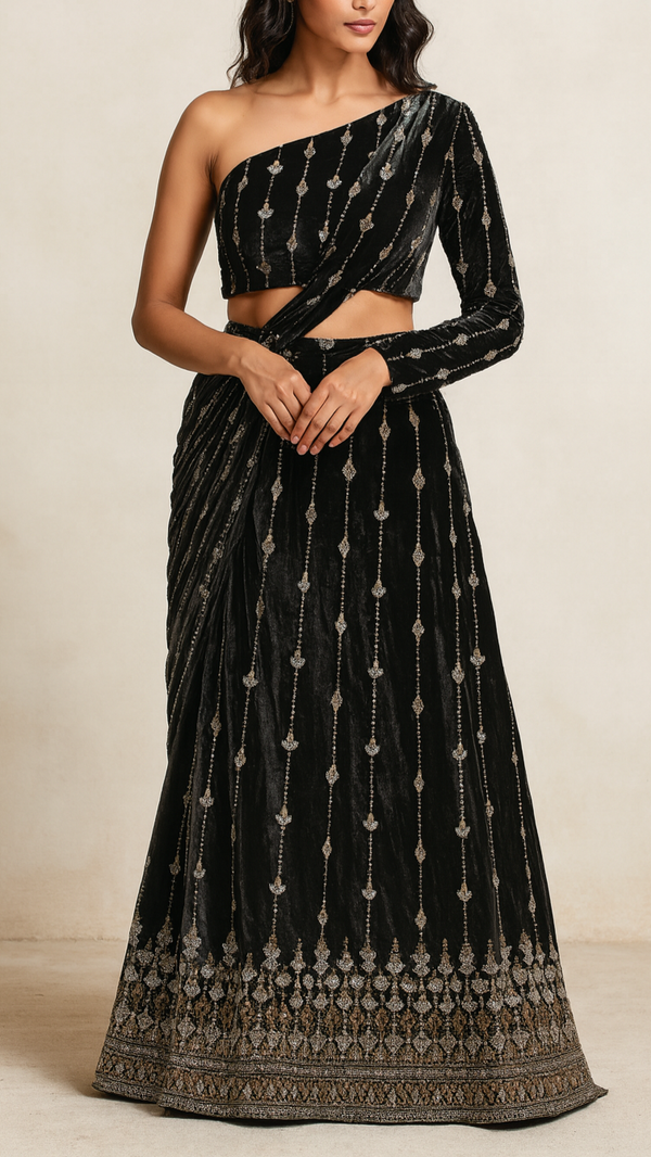 Black Velvet Fabric With All Over Katdana, Sequins And Bead Work With One Side Border 16600
