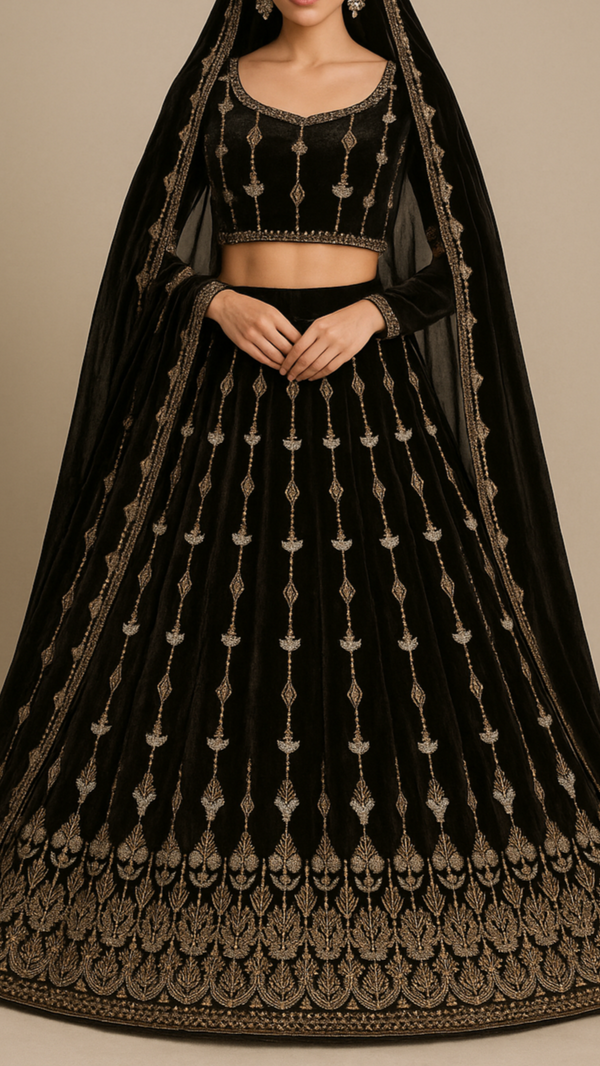 Black Velvet Fabric With All Over Katdana, Sequins And Bead Work With One Side Border 16600