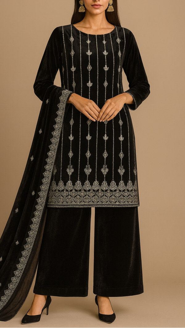 Black Velvet Fabric With All Over Katdana, Sequins And Bead Work With One Side Border 16600