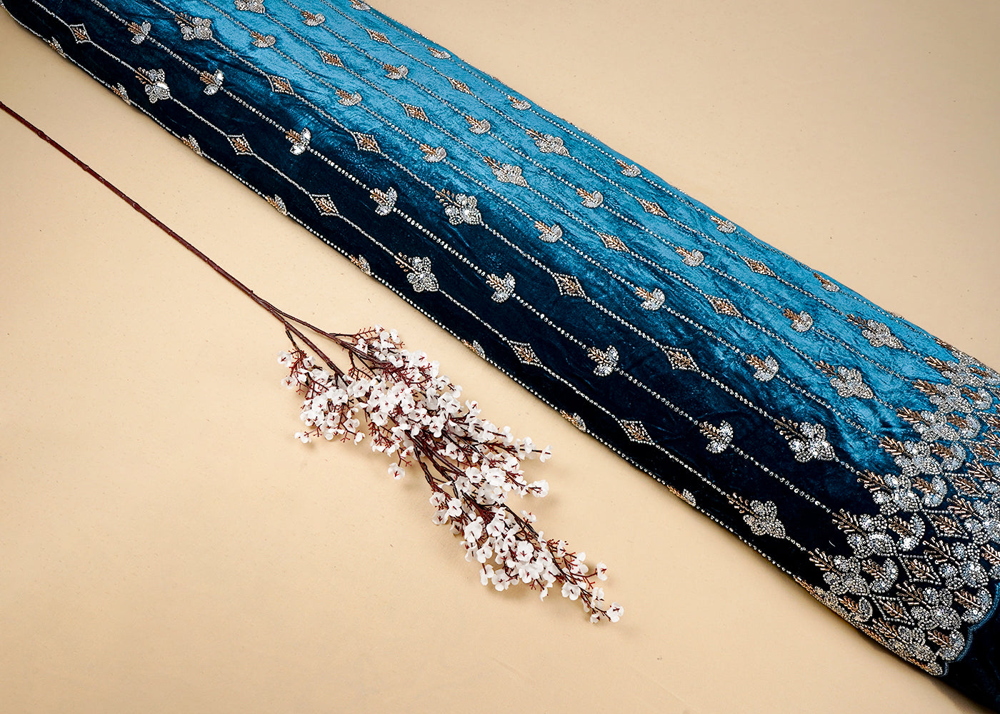 Blue Velvet Fabric With All Over Katdana, Sequins And Bead Work With One Side Border 16601