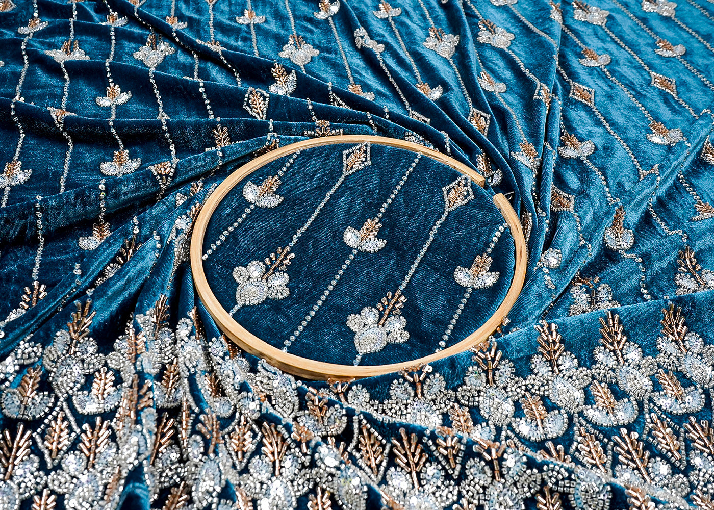 Blue Velvet Fabric With All Over Katdana, Sequins And Bead Work With One Side Border 16601