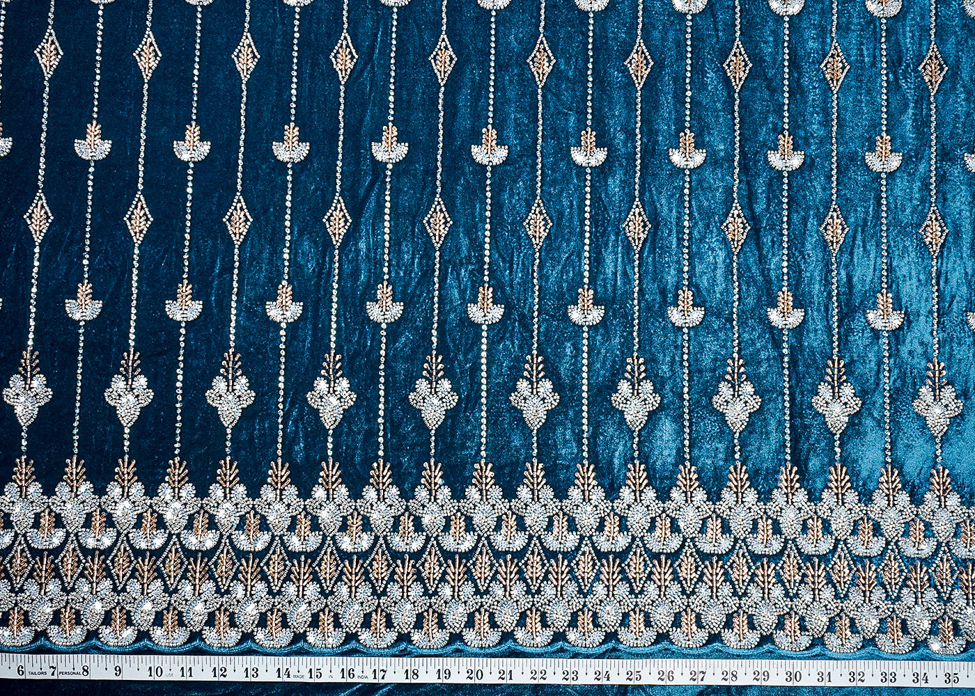 Blue Velvet Fabric With All Over Katdana, Sequins And Bead Work With One Side Border 16601