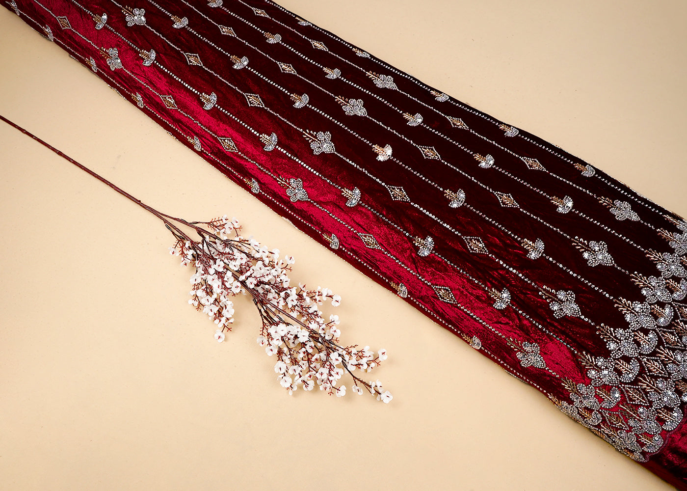 Maroon Velvet Fabric With All Over Katdana, Sequins And Bead Work With One Side Border 16602