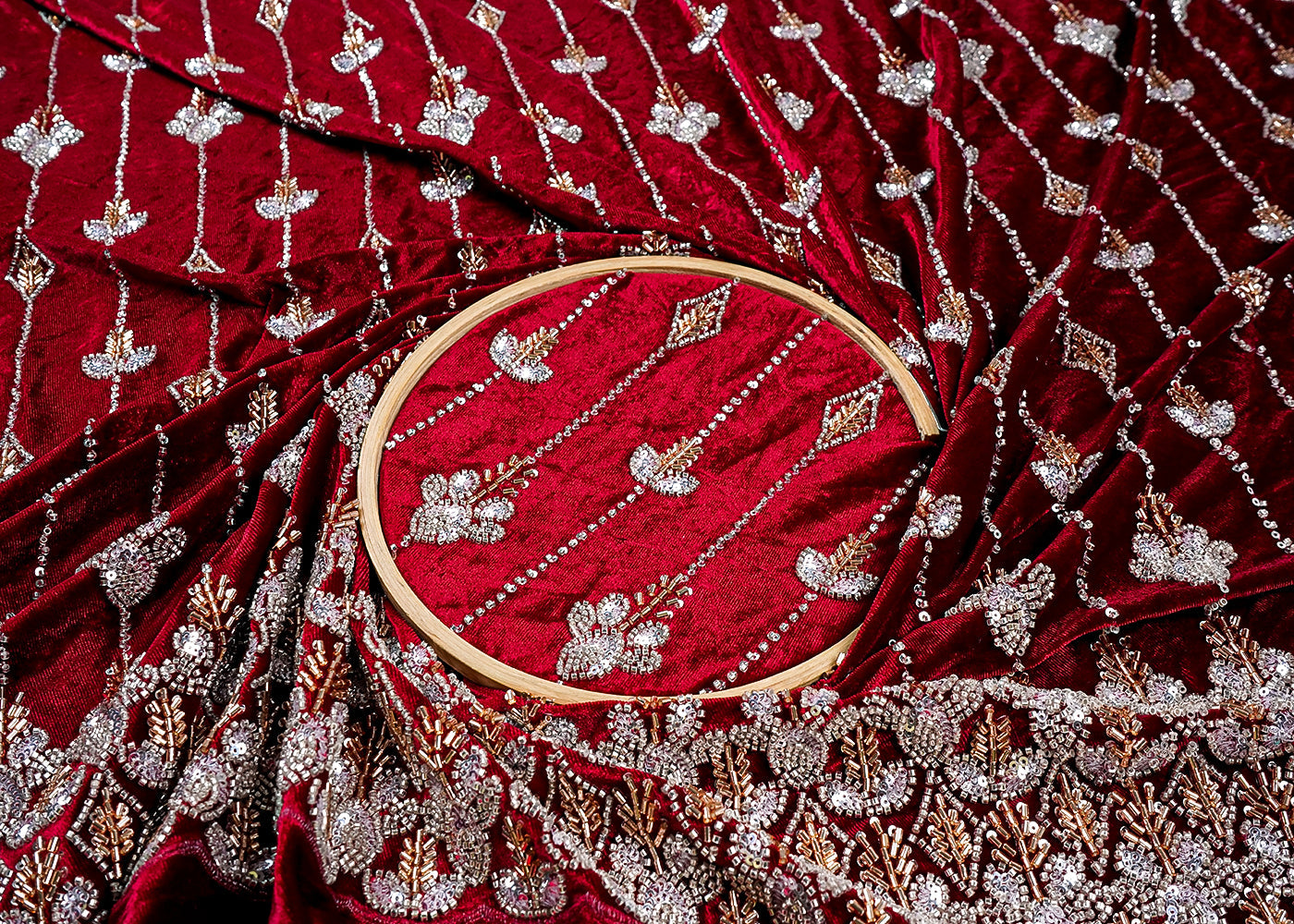 Maroon Velvet Fabric With All Over Katdana, Sequins And Bead Work With One Side Border 16602
