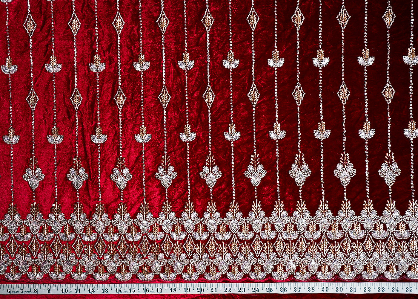 Maroon Velvet Fabric With All Over Katdana, Sequins And Bead Work With One Side Border 16602