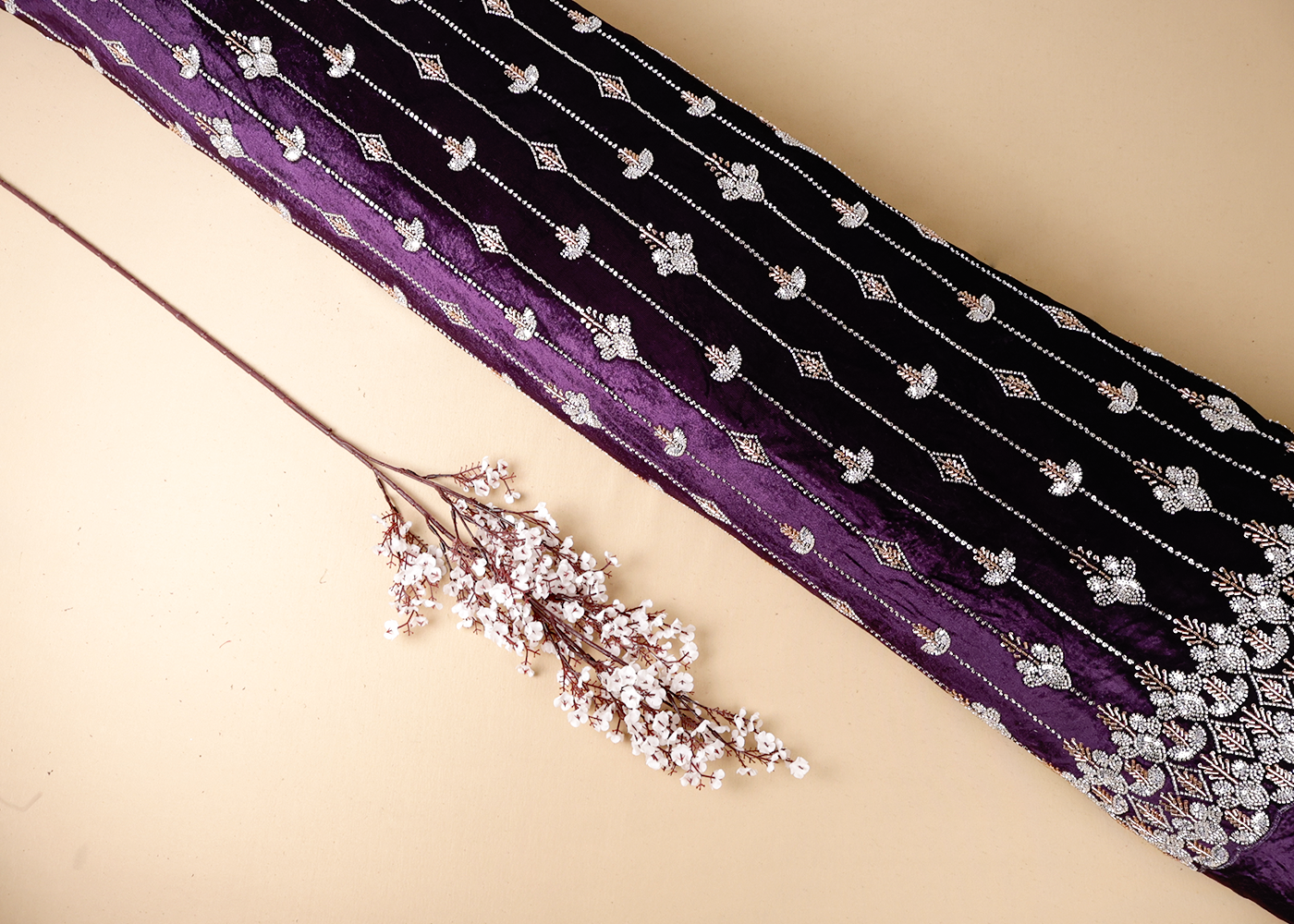 Deep Purple Velvet Fabric With All Over Katdana, Sequins And Bead Work With One Side Border 16603