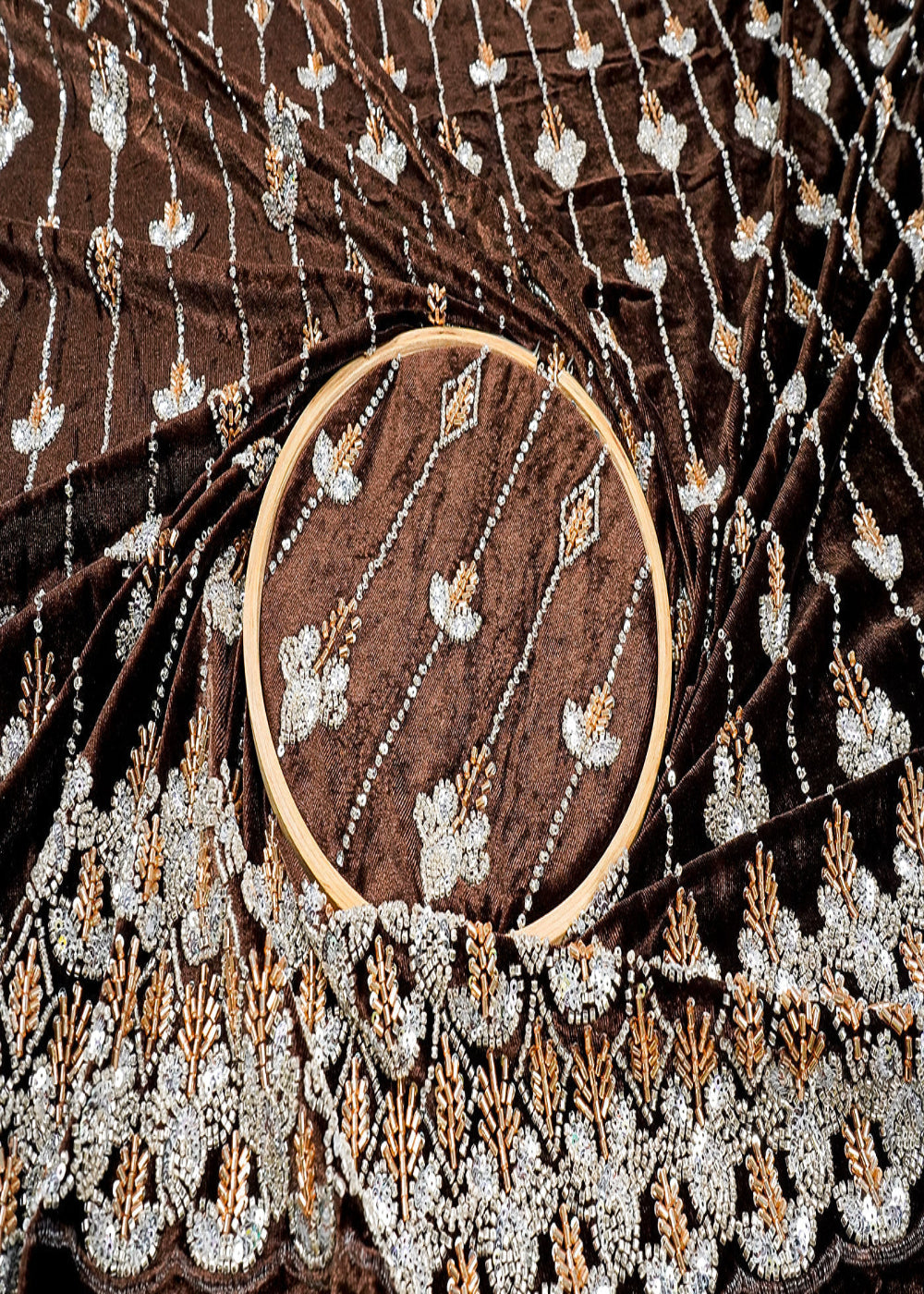 Coffee Velvet Fabric With All Over Katdana, Sequins And Bead Work With One Side Border 16604
