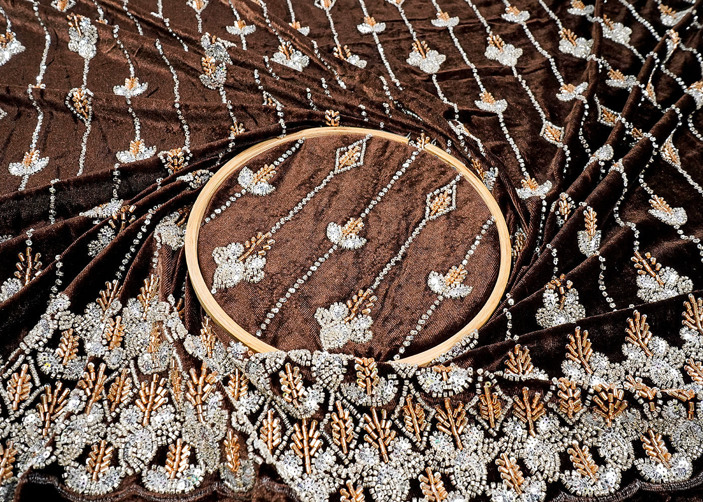 Coffee Velvet Fabric With All Over Katdana, Sequins And Bead Work With One Side Border 16604