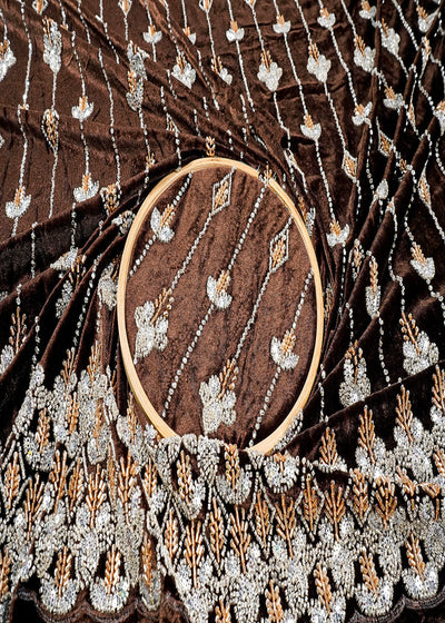 Coffee Velvet Fabric With All Over Katdana, Sequins And Bead Work With One Side Border 16604