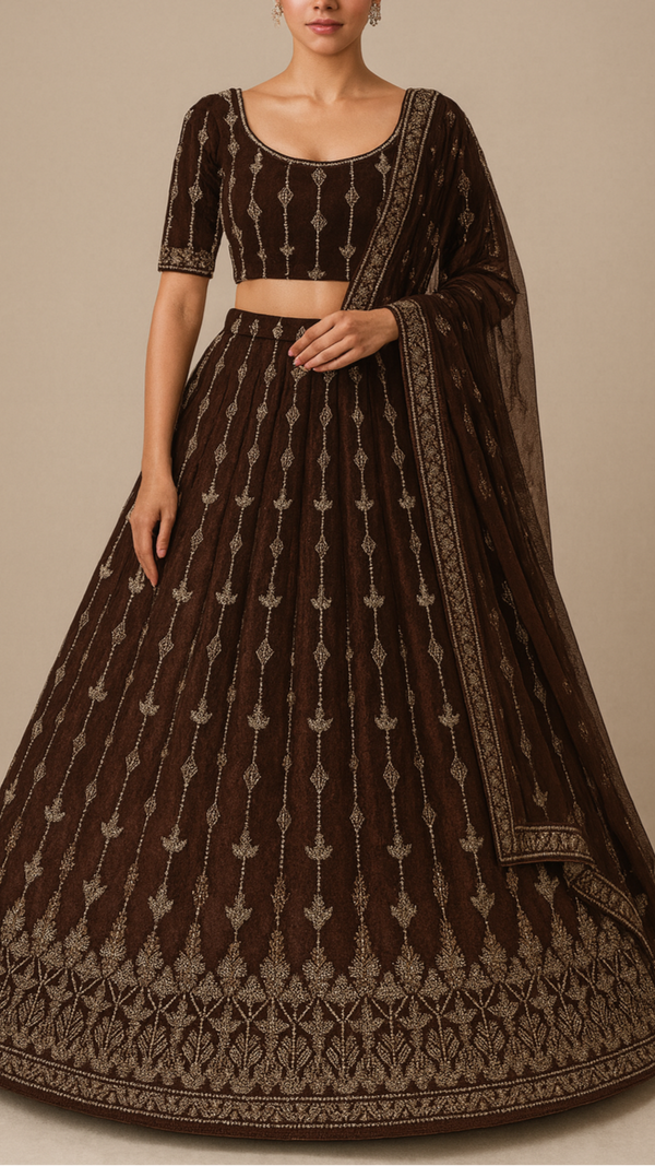 Coffee Velvet Fabric With All Over Katdana, Sequins And Bead Work With One Side Border 16604