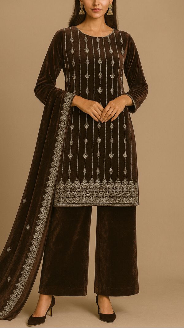 Coffee Velvet Fabric With All Over Katdana, Sequins And Bead Work With One Side Border 16604