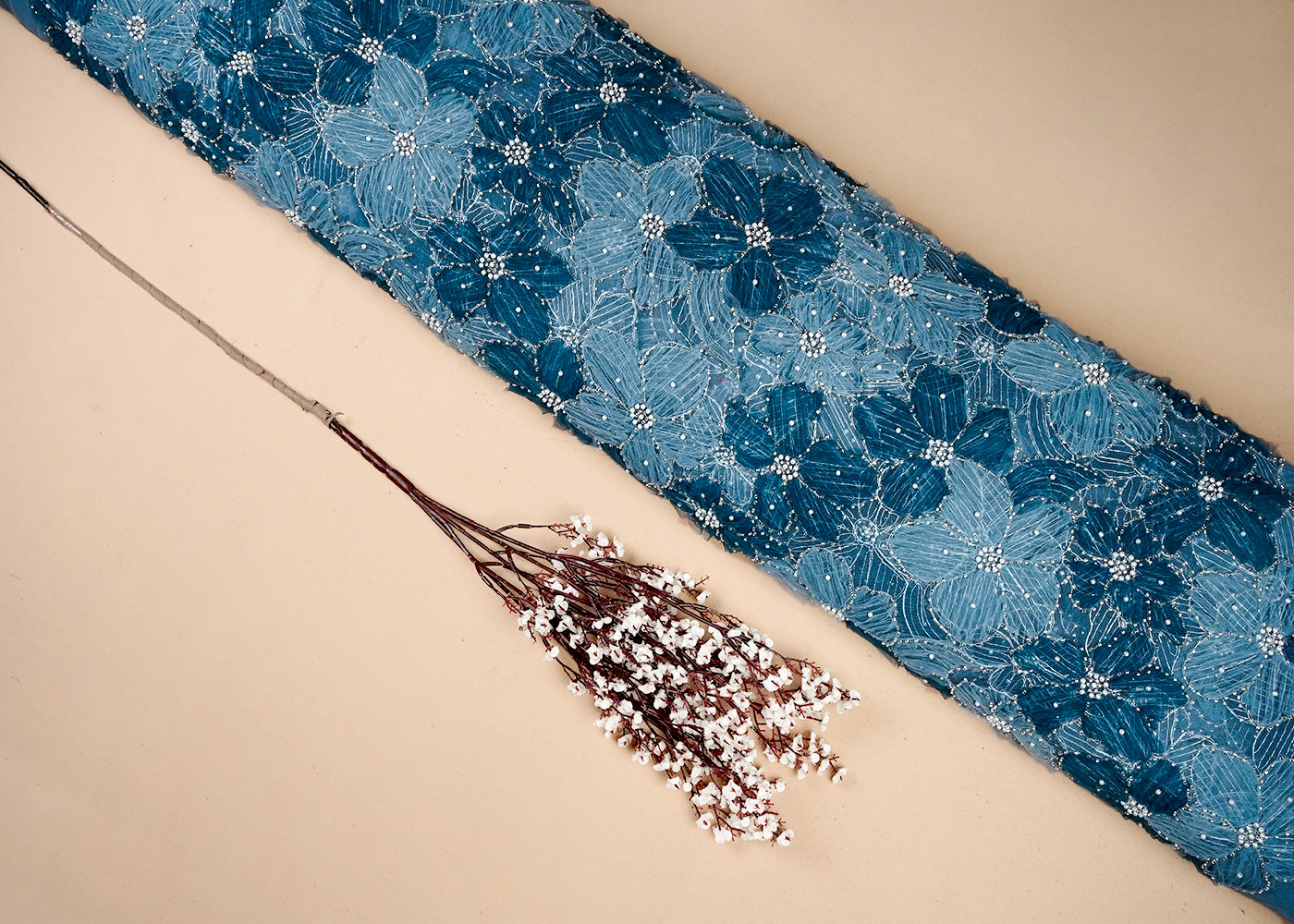 Sky Blue Imported Net Fabric With All Over Applique Work With Bead And Pearl 16605