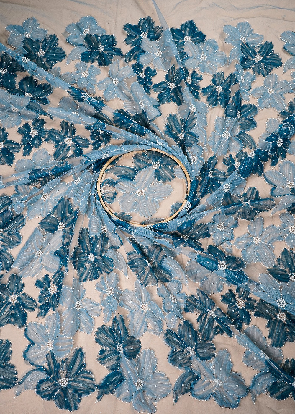 Sky Blue Imported Net Fabric With All Over Applique Work With Bead And Pearl 16605