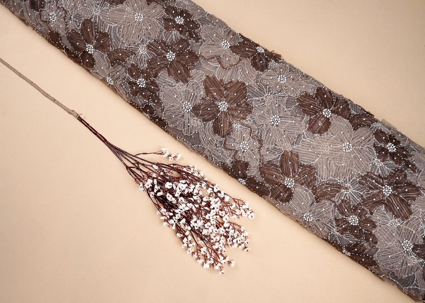 Coffee Imported Net Fabric With All Over Applique Work With Bead And Pearl 16606